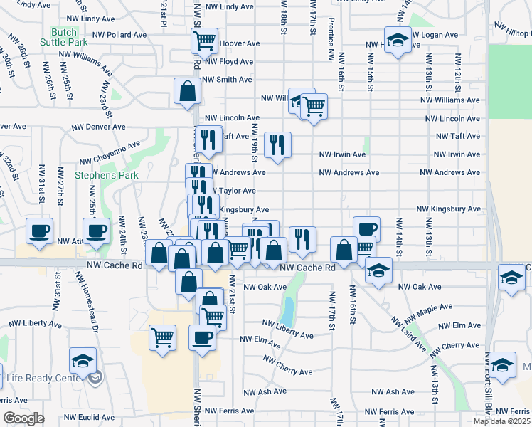 map of restaurants, bars, coffee shops, grocery stores, and more near 1812 Northwest Kingsbury Avenue in Lawton