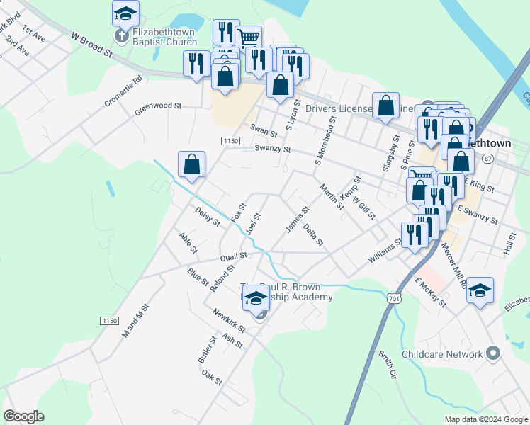 map of restaurants, bars, coffee shops, grocery stores, and more near 905 Joel Street in Elizabethtown