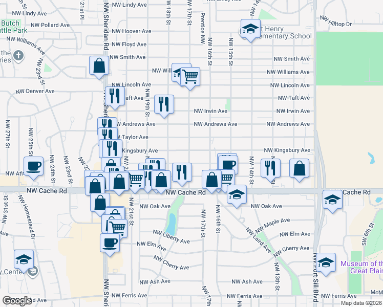 map of restaurants, bars, coffee shops, grocery stores, and more near 1616 Northwest Kingsbury Avenue in Lawton