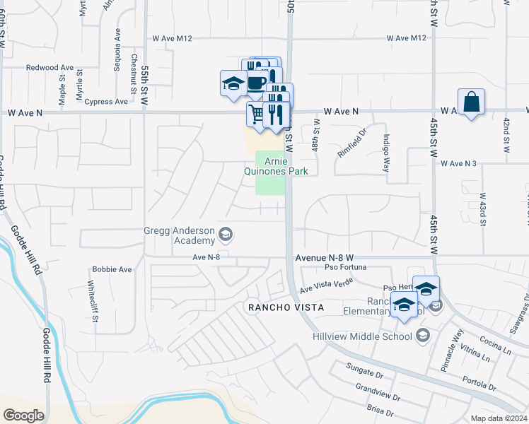 map of restaurants, bars, coffee shops, grocery stores, and more near 40918 Rise Court in Palmdale