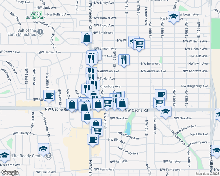map of restaurants, bars, coffee shops, grocery stores, and more near 1906 NW Kingsbury Ave in Lawton