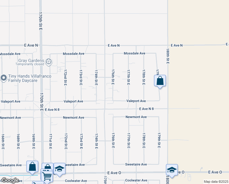 map of restaurants, bars, coffee shops, grocery stores, and more near 40936 176th Street East in Lancaster