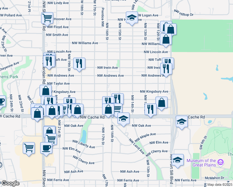 map of restaurants, bars, coffee shops, grocery stores, and more near 1502 Northwest Kingsbury Avenue in Lawton