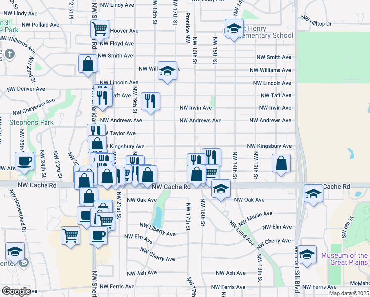 map of restaurants, bars, coffee shops, grocery stores, and more near 1608 Northwest Kingsbury Avenue in Lawton