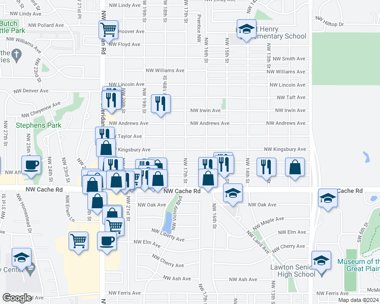 map of restaurants, bars, coffee shops, grocery stores, and more near 1614 Northwest Kingsbury Avenue in Lawton