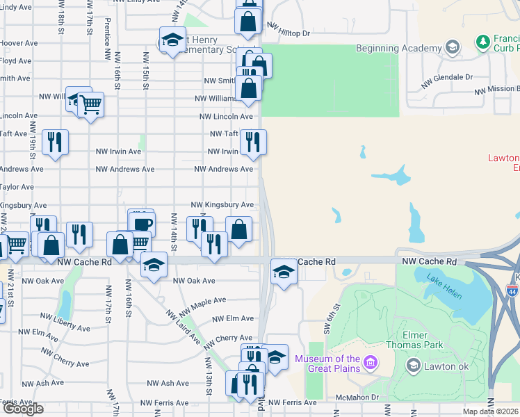 map of restaurants, bars, coffee shops, grocery stores, and more near 1612 Northwest Fort Sill Boulevard in Lawton
