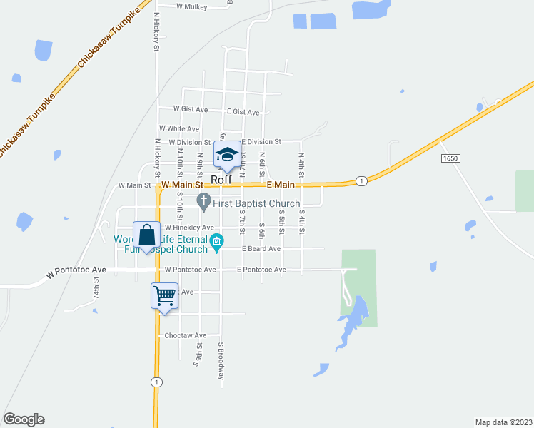 map of restaurants, bars, coffee shops, grocery stores, and more near 301 West Frisco Avenue in Roff