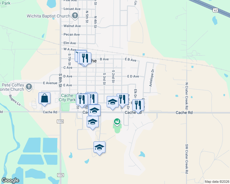 map of restaurants, bars, coffee shops, grocery stores, and more near 111 F Avenue in Cache