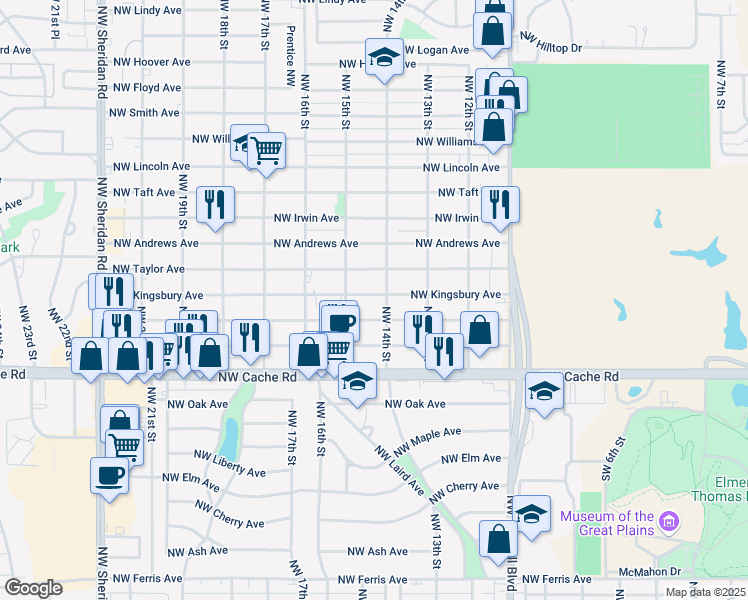 map of restaurants, bars, coffee shops, grocery stores, and more near 1406 Northwest Kingsbury Avenue in Lawton