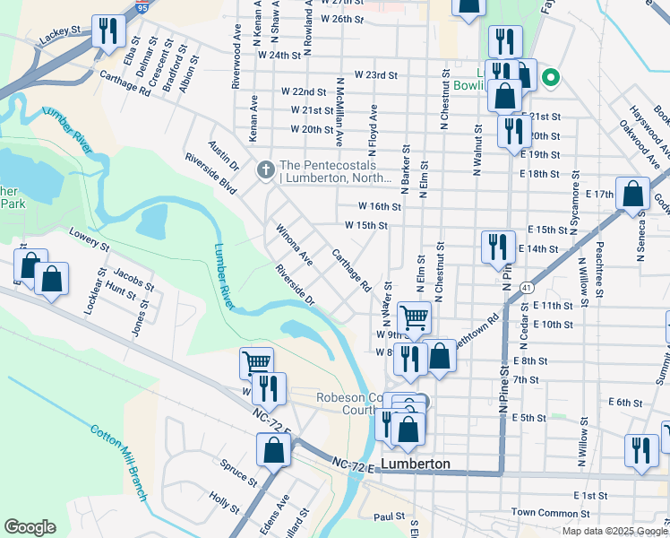 map of restaurants, bars, coffee shops, grocery stores, and more near 1006 Blount Street in Lumberton