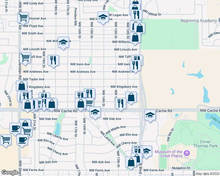 map of restaurants, bars, coffee shops, grocery stores, and more near 1310 Northwest Kingsbury Avenue in Lawton
