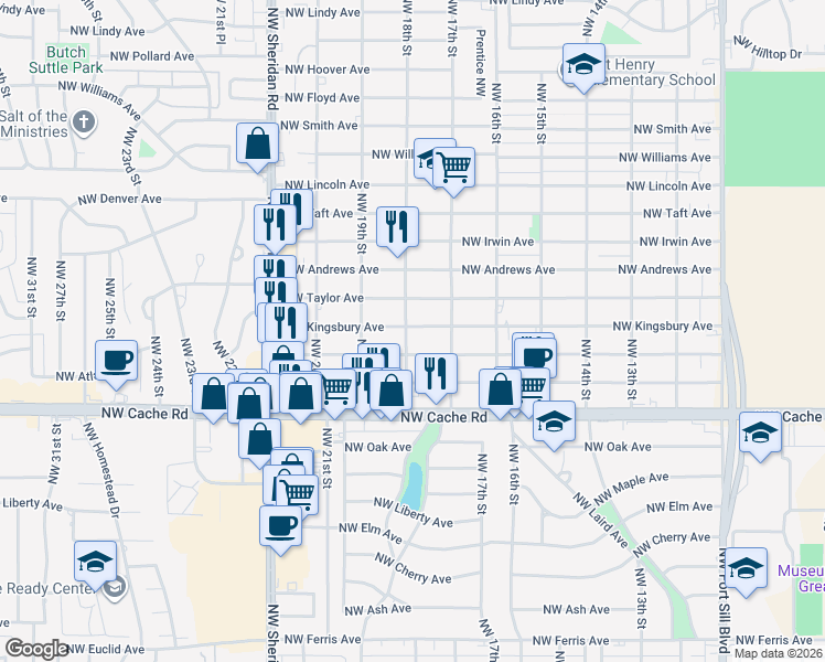 map of restaurants, bars, coffee shops, grocery stores, and more near 1609 Northwest 18th Street in Lawton