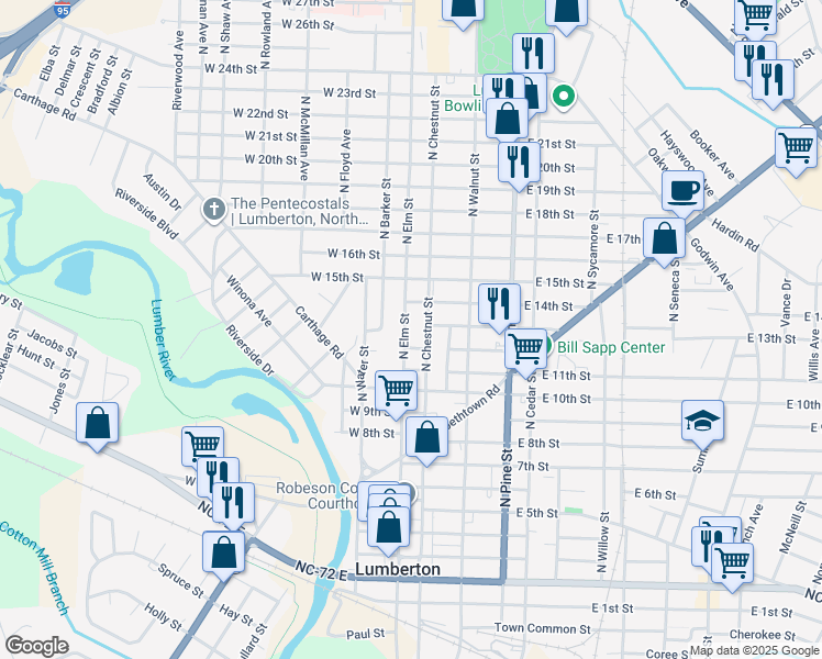 map of restaurants, bars, coffee shops, grocery stores, and more near 1206 North Elm Street in Lumberton