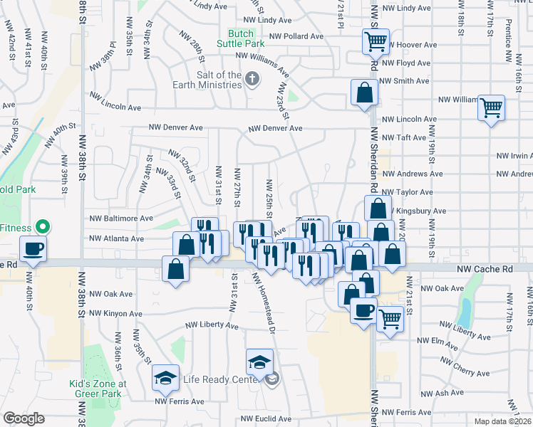 map of restaurants, bars, coffee shops, grocery stores, and more near 1630 Northwest 25th Street in Lawton