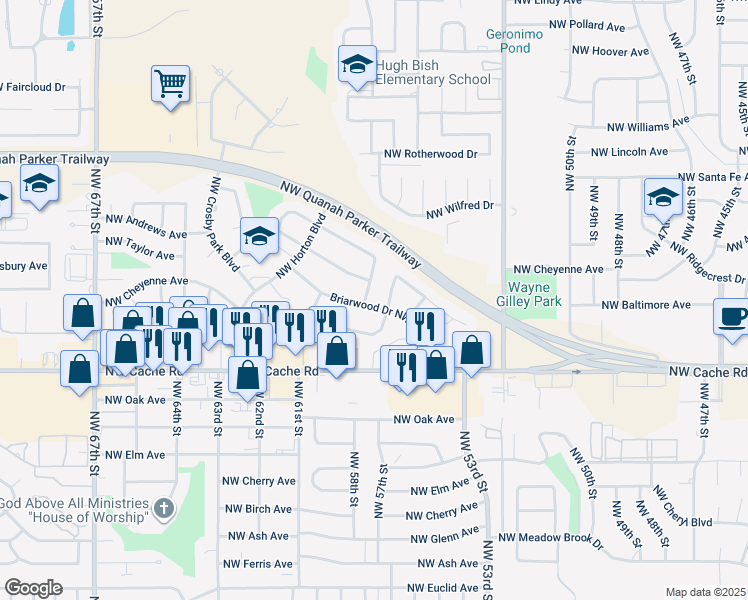 map of restaurants, bars, coffee shops, grocery stores, and more near 5605 Briarwood Drive Northwest in Lawton