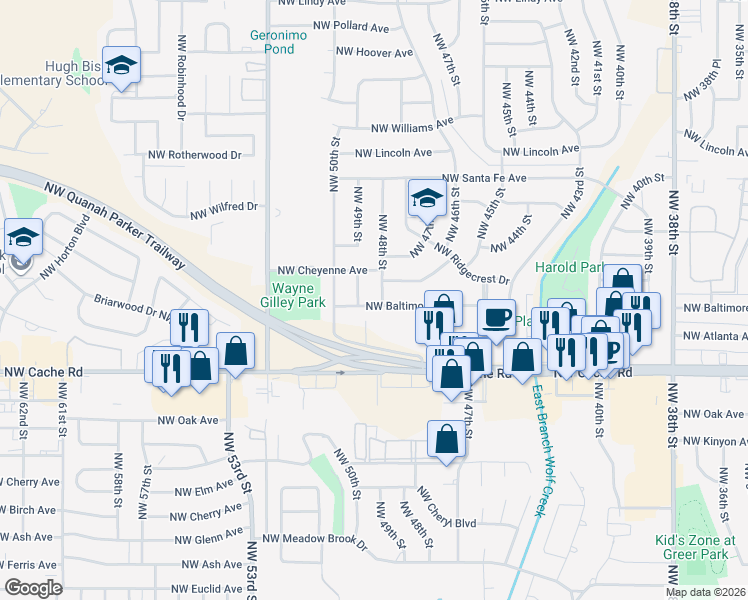 map of restaurants, bars, coffee shops, grocery stores, and more near 1502 Northwest 48th Street in Lawton