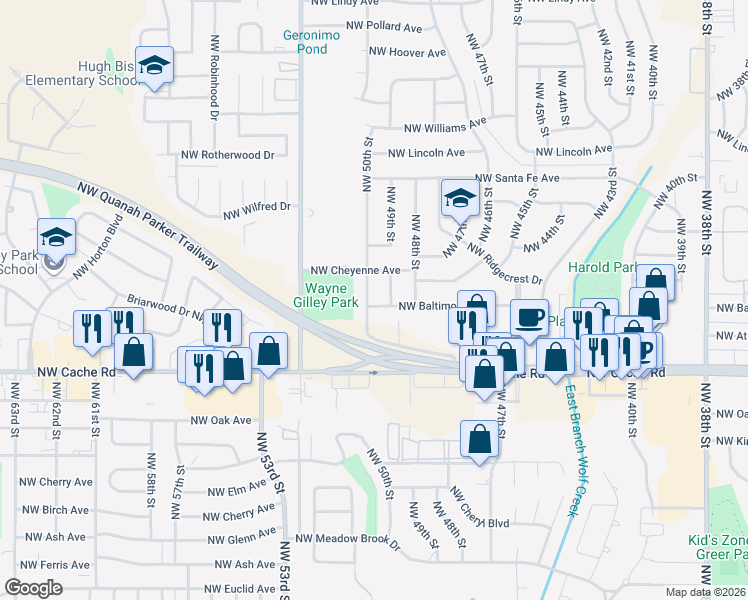map of restaurants, bars, coffee shops, grocery stores, and more near 1501 NW 50th St in Lawton