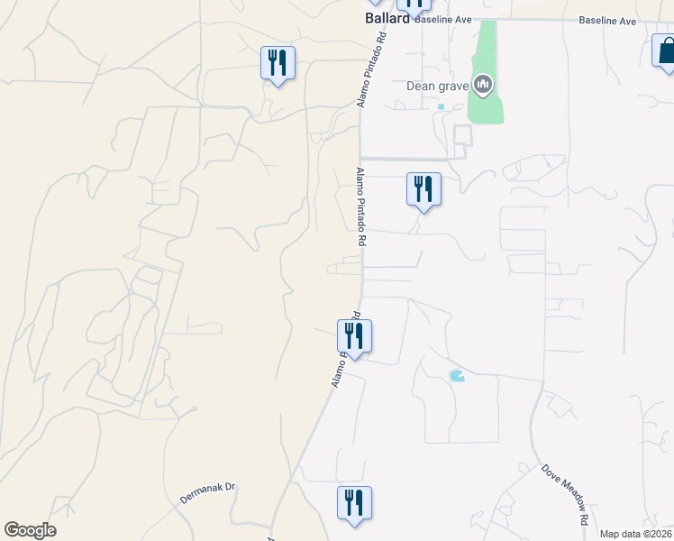 map of restaurants, bars, coffee shops, grocery stores, and more near 1515 Alamo Pintado Road in Solvang