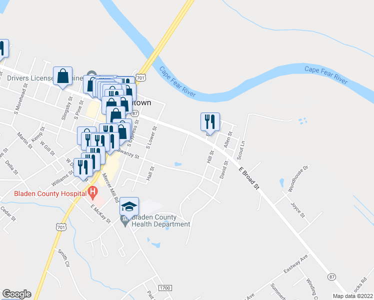 map of restaurants, bars, coffee shops, grocery stores, and more near 203 Rollins Street in Elizabethtown