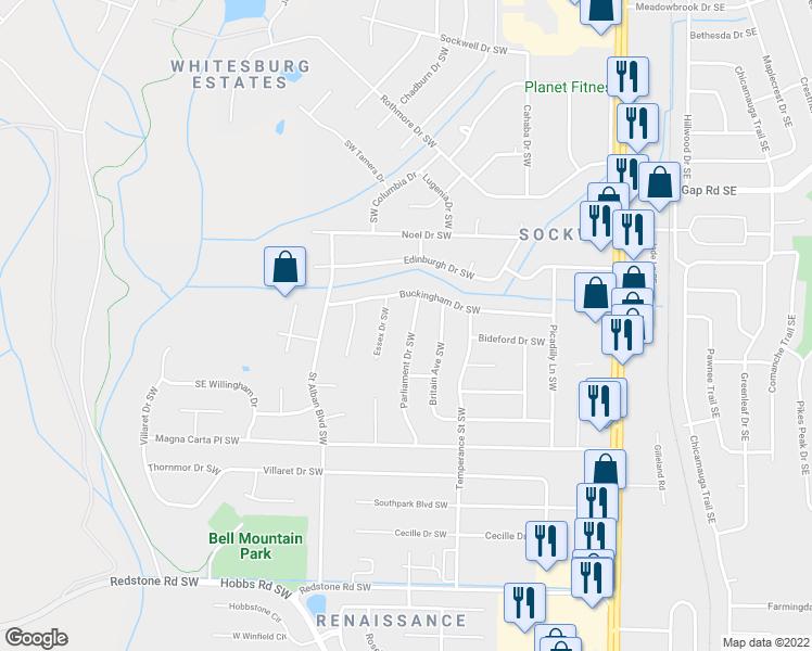map of restaurants, bars, coffee shops, grocery stores, and more near 10307 Parliament Drive Southwest in Huntsville