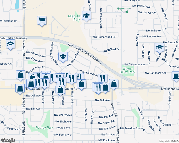 map of restaurants, bars, coffee shops, grocery stores, and more near 1701 Northwest Cedarwood Drive in Lawton