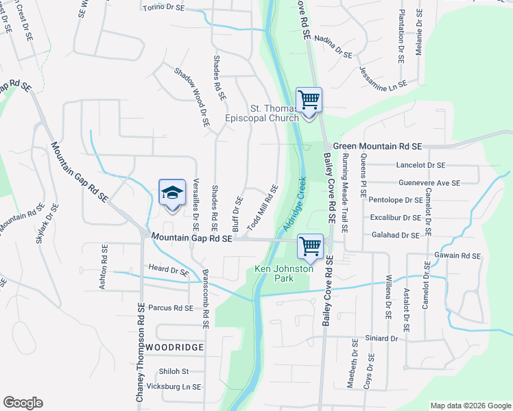 map of restaurants, bars, coffee shops, grocery stores, and more near 10113 Bluff Drive Southeast in Huntsville