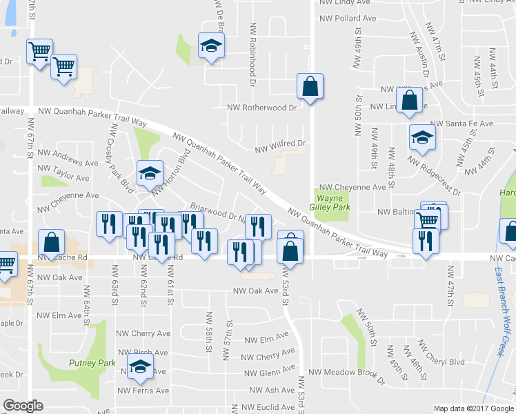 map of restaurants, bars, coffee shops, grocery stores, and more near 5498 Northwest Cottonwood Drive in Lawton