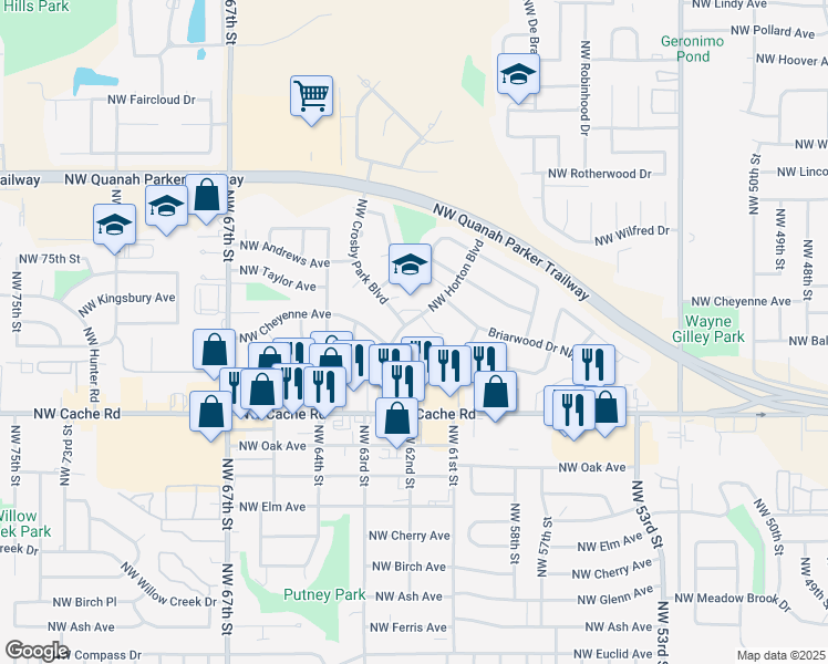 map of restaurants, bars, coffee shops, grocery stores, and more near 1505 Northwest Horton Boulevard in Lawton