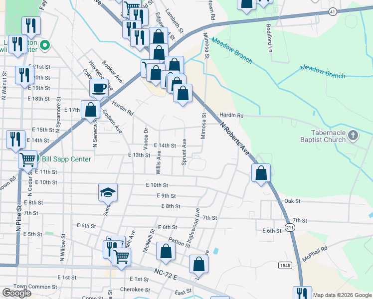 map of restaurants, bars, coffee shops, grocery stores, and more near 1402 East 14th Street in Lumberton