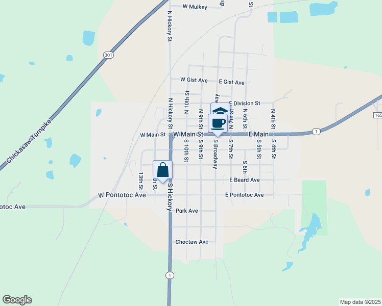 map of restaurants, bars, coffee shops, grocery stores, and more near 225 West Frisco Avenue in Roff