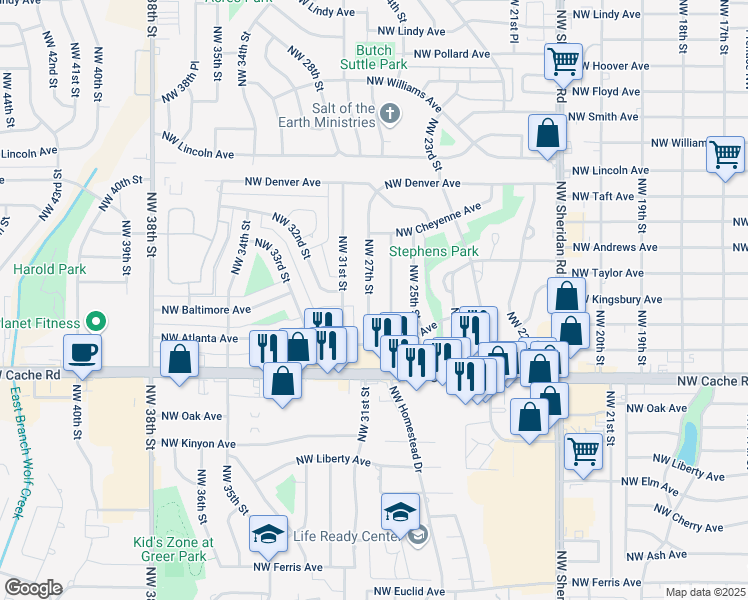 map of restaurants, bars, coffee shops, grocery stores, and more near 1617 NW 27th St in Lawton