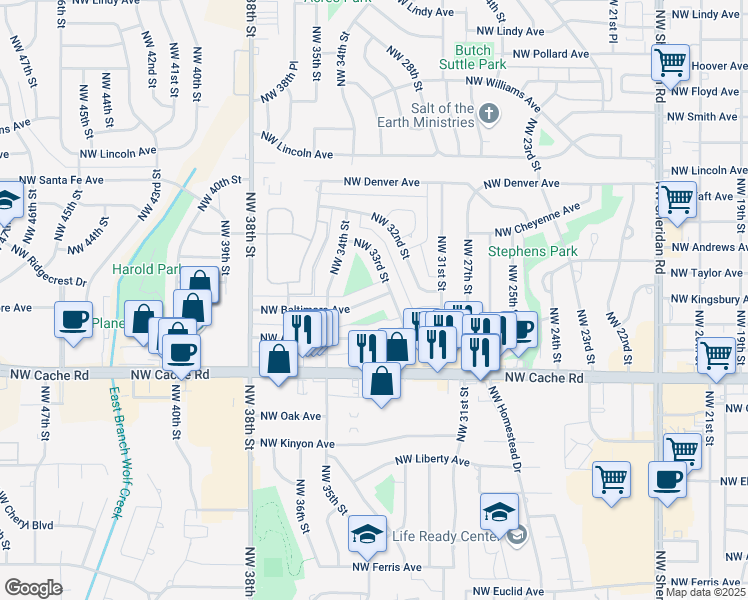 map of restaurants, bars, coffee shops, grocery stores, and more near 3304 Northwest Baltimore Avenue in Lawton