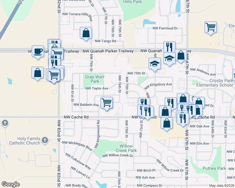 map of restaurants, bars, coffee shops, grocery stores, and more near 1702 Northwest 76th Street in Lawton