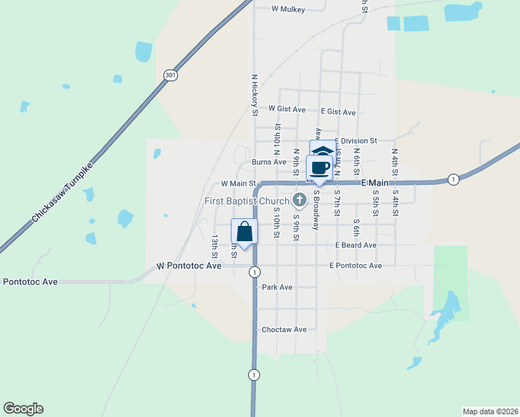 map of restaurants, bars, coffee shops, grocery stores, and more near 333 West Frisco Avenue in Roff