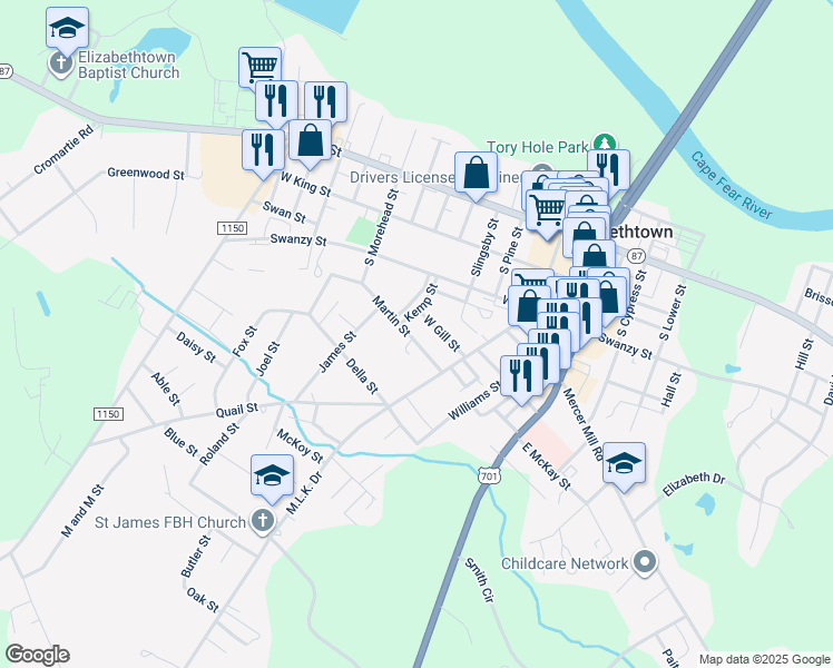 map of restaurants, bars, coffee shops, grocery stores, and more near 406 Martin Street in Elizabethtown