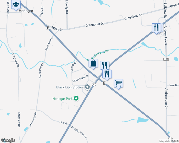 map of restaurants, bars, coffee shops, grocery stores, and more near Alabama 40 in Henagar