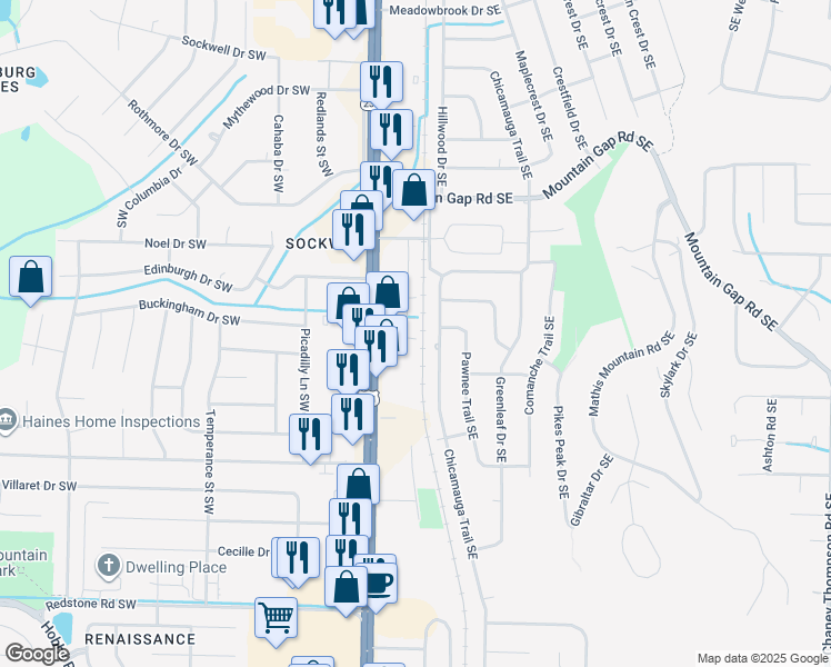 map of restaurants, bars, coffee shops, grocery stores, and more near 11535 Jade Lane Southeast in Huntsville
