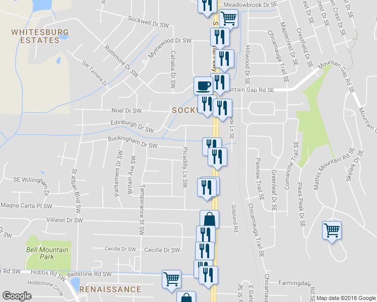 map of restaurants, bars, coffee shops, grocery stores, and more near 10310 Picadilly Lane Southwest in Huntsville