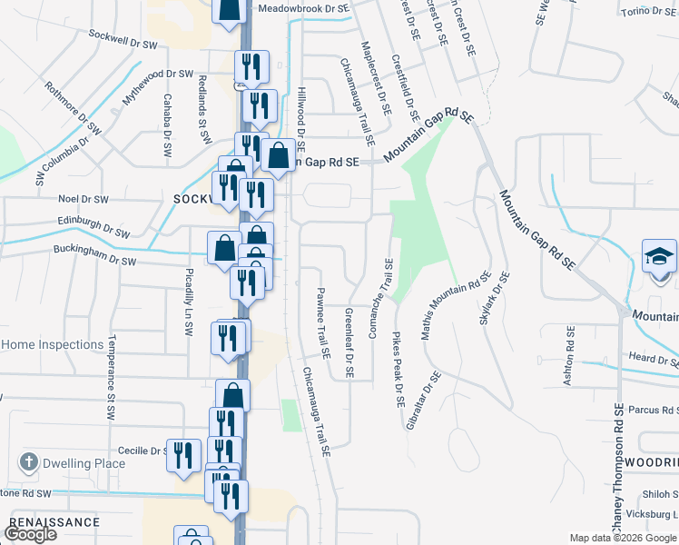 map of restaurants, bars, coffee shops, grocery stores, and more near 322 Rosemont Road Southeast in Huntsville