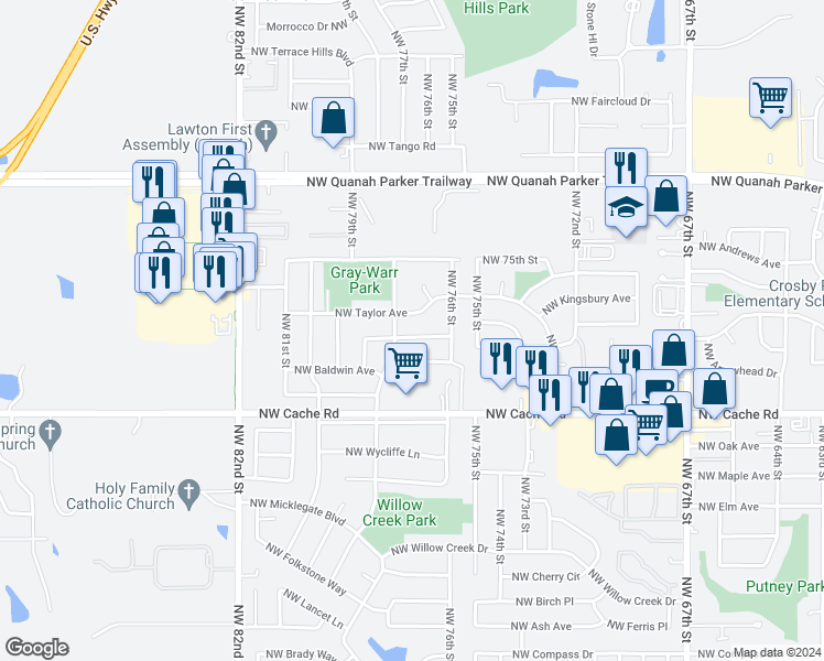 map of restaurants, bars, coffee shops, grocery stores, and more near 7611 Northwest Kingsbury Avenue in Lawton