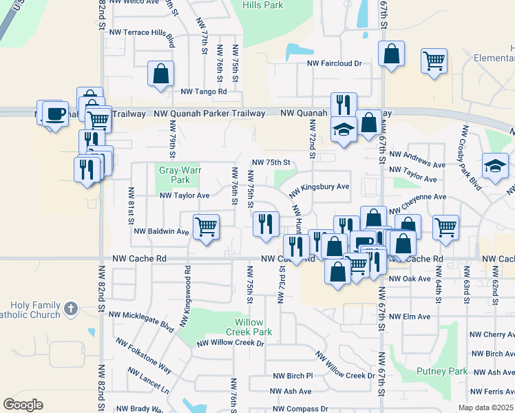 map of restaurants, bars, coffee shops, grocery stores, and more near 7412 NW Baldwin Ave in Lawton