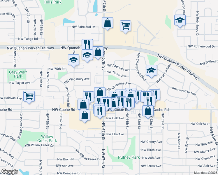 map of restaurants, bars, coffee shops, grocery stores, and more near 6325 Northwest Cheyenne Avenue in Lawton