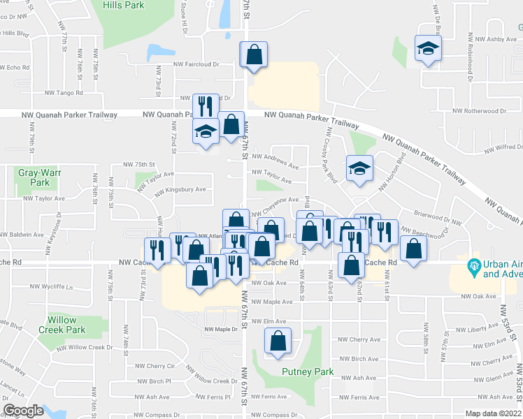 map of restaurants, bars, coffee shops, grocery stores, and more near 6323 Northwest Cheyenne Avenue in Lawton