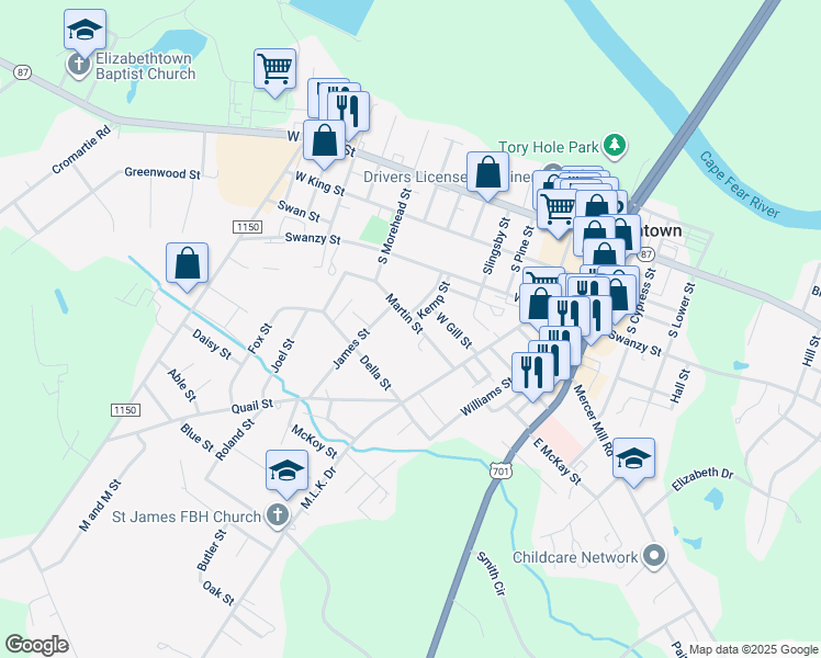 map of restaurants, bars, coffee shops, grocery stores, and more near 413 Martin Street in Elizabethtown