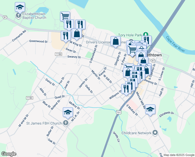 map of restaurants, bars, coffee shops, grocery stores, and more near 413 Martin Street in Elizabethtown