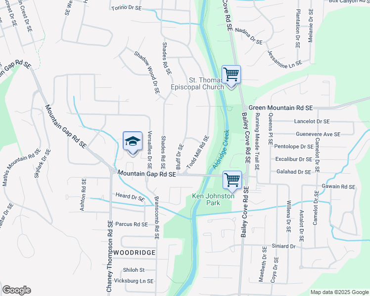 map of restaurants, bars, coffee shops, grocery stores, and more near 10113 Bluff Drive Southeast in Huntsville