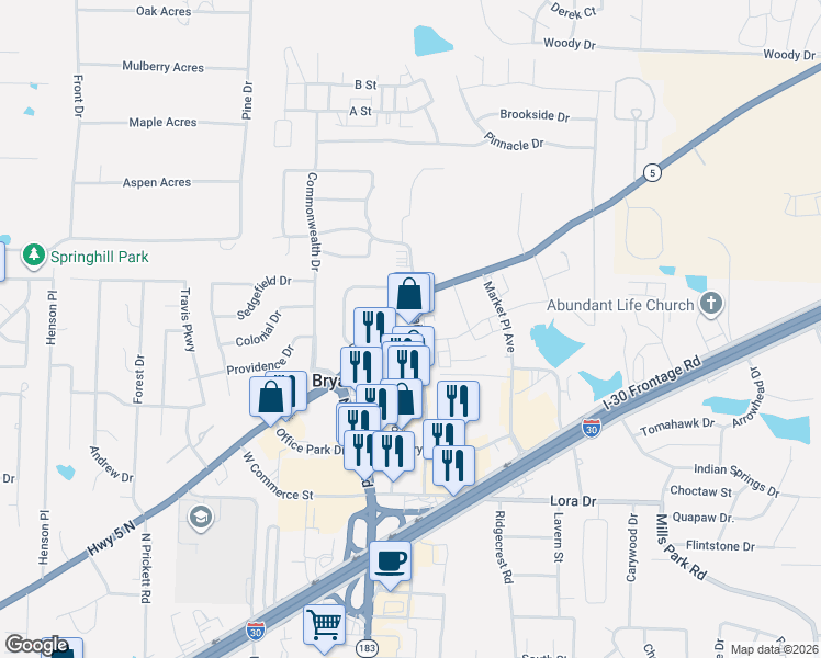 map of restaurants, bars, coffee shops, grocery stores, and more near 3418-3598 Main St in Bryant