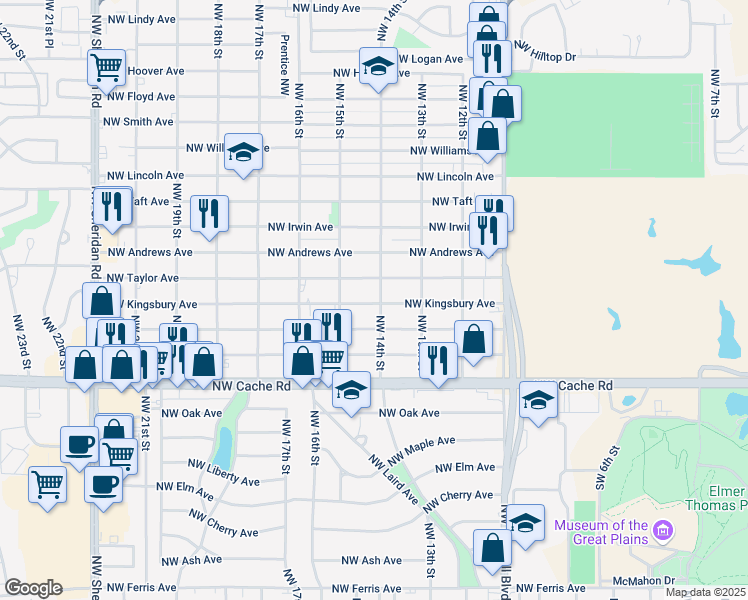 map of restaurants, bars, coffee shops, grocery stores, and more near 1406 Northwest Kingsbury Avenue in Lawton
