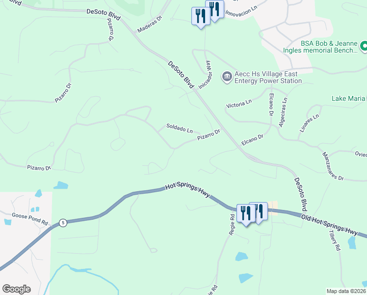 map of restaurants, bars, coffee shops, grocery stores, and more near 214 Pizarro Drive in Hot Springs Village