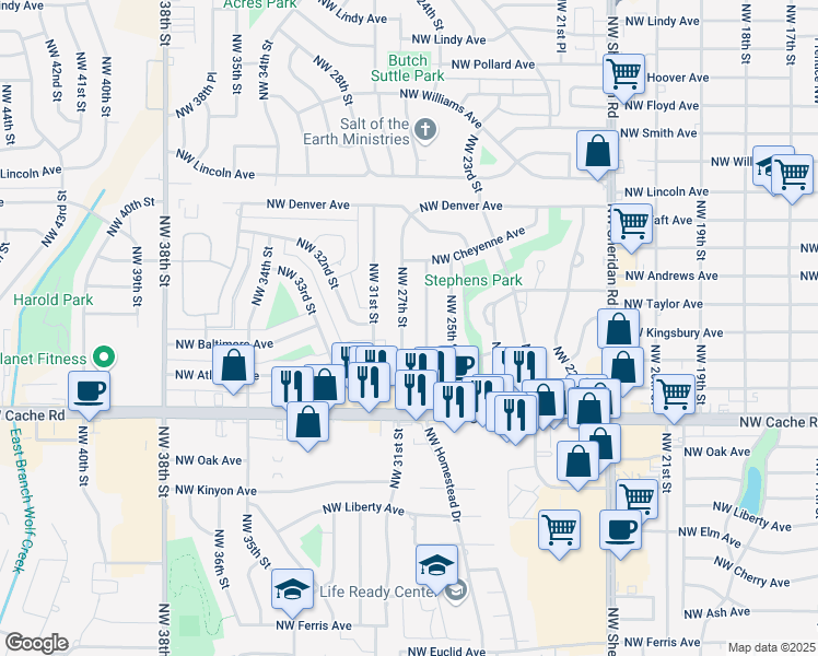 map of restaurants, bars, coffee shops, grocery stores, and more near 1617 Northwest 27th Street in Lawton